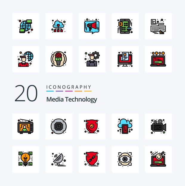 20 Icono de color relleno de línea de tecnología de medios Pack como verificación de unidad de seguridad móvil de cámara