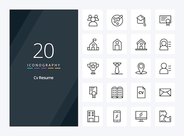 20 Icono de esquema de currículum vitae para presentación Ilustración de iconos de línea vectorial