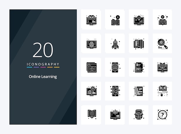 Vector gratuito 20 icono de glifo sólido de aprendizaje en línea para presentación ilustración de iconos vectoriales