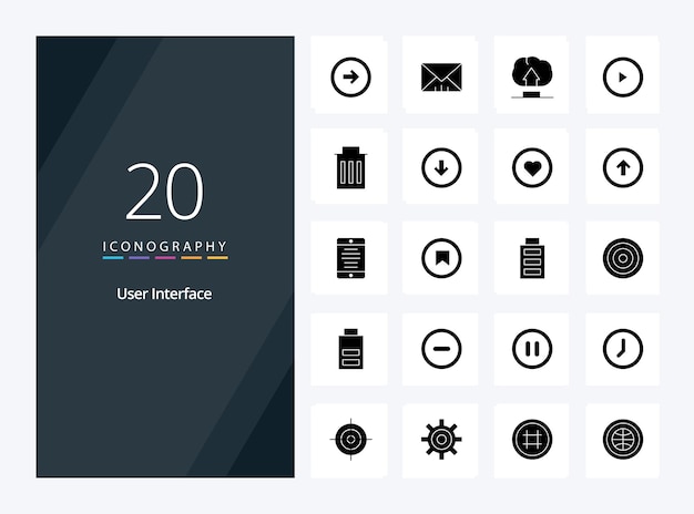 20 icono de glifo sólido de interfaz de usuario para presentación