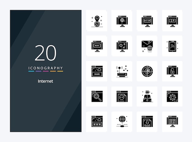 20 Icono de glifo sólido de Internet para presentación Ilustración de iconos vectoriales