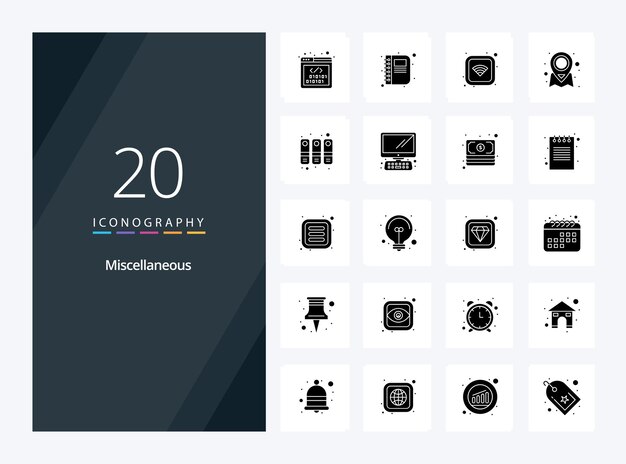 20 Icono de glifo sólido misceláneo para presentación Ilustración de iconos vectoriales