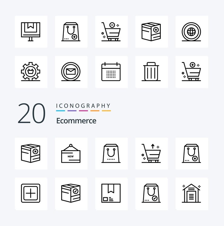 20 Icono de línea de comercio electrónico Paquete como carrito electrónico compra de productos e