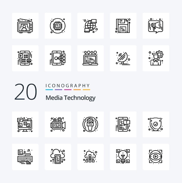 20 Icono de línea de tecnología de medios Paquete como seguridad redes sociales película noticias sociales
