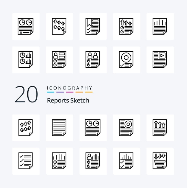 Vector gratuito 20 informes icono de línea de boceto paquete como tarea de informe de papel de datos de página