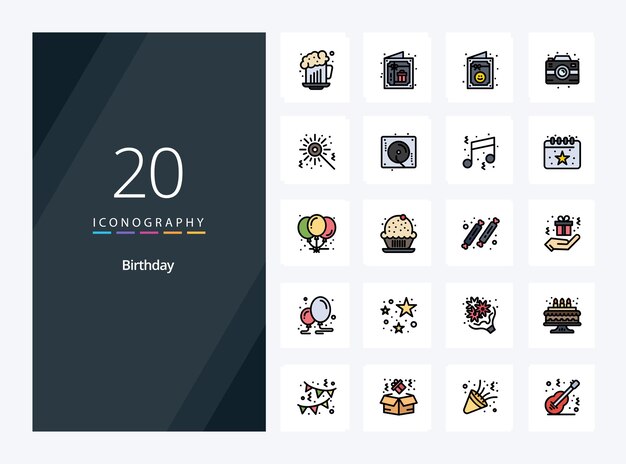 20 Línea de cumpleaños Icono relleno para presentación Ilustración de iconos vectoriales
