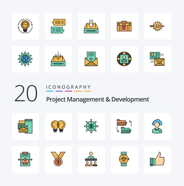 20 Línea de gestión y desarrollo de proyectos Icono de color relleno Paquete como subcontratar carpeta de archivos de presupuesto para compartir archivos