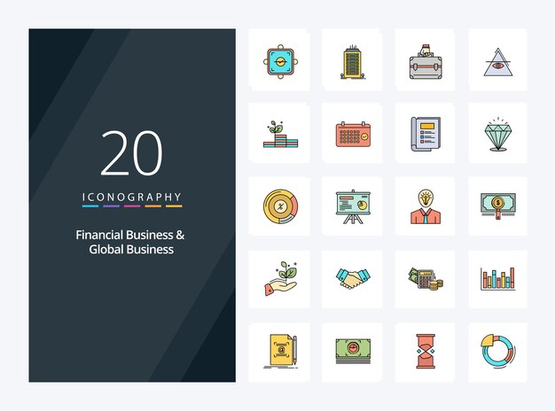 20 Línea de negocios financieros y negocios globales Icono relleno para presentación Ilustración de iconos vectoriales