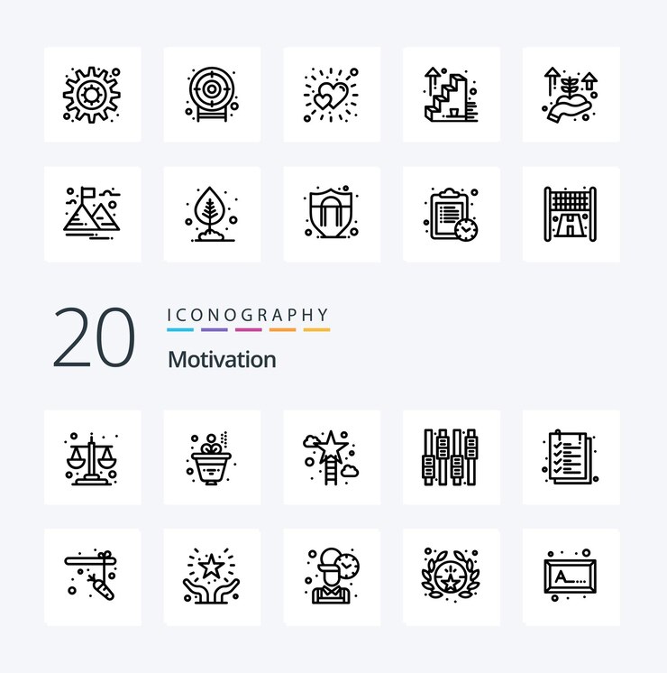 20 Motivation Line icon Pack como documento de texto control de ecualizador de escaleras