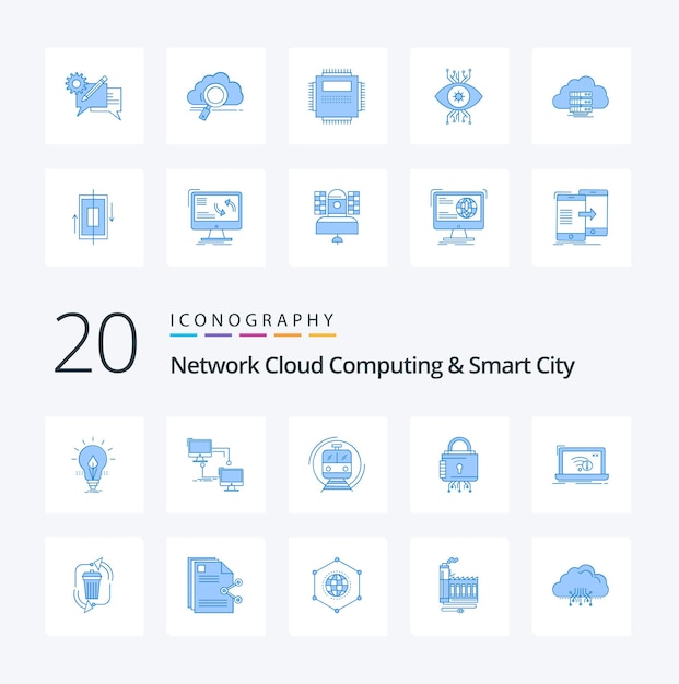 20 Network Cloud Computing y Smart City Blue Color icon Pack como candado seguridad sincronización transporte inteligente