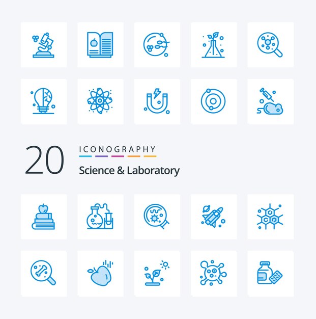 20 Paquete de iconos de color azul científico como ciencia química gérmenes ciencia mosca