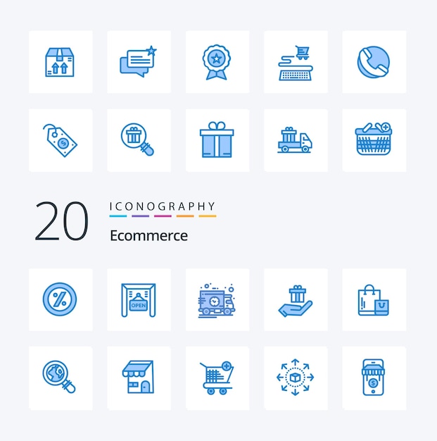 20 Paquete de iconos de color azul de comercio electrónico como bolsa de transporte de comercio electrónico de tienda presente