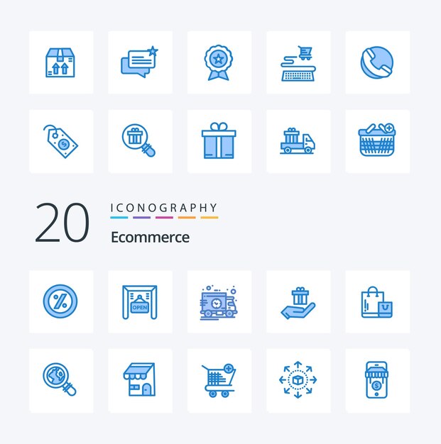 20 Paquete de iconos de color azul de comercio electrónico como bolsa de transporte de comercio electrónico de tienda presente