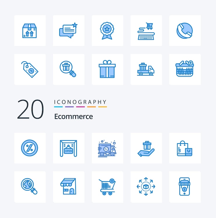 20 Paquete de iconos de color azul de comercio electrónico como bolsa de transporte de comercio electrónico de tienda presente