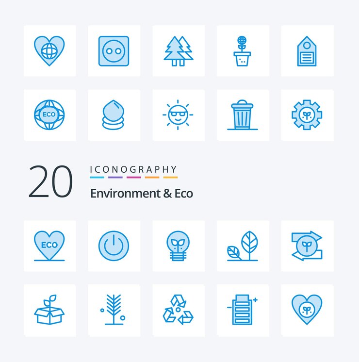 20 Paquete de iconos de color azul ecológico y medio ambiente como la naturaleza, el medio ambiente, la energía, la luz ecológica