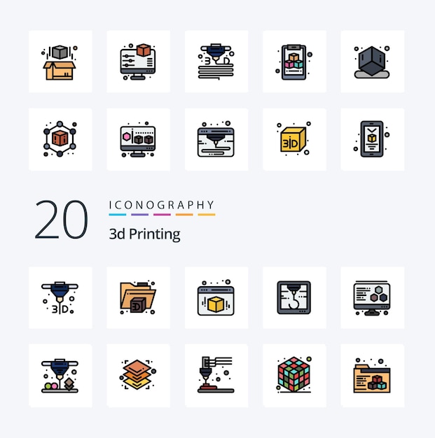 20 Paquete de iconos de color lleno de línea de impresión 3d como corvejón de impresión directa de cubo de computadora