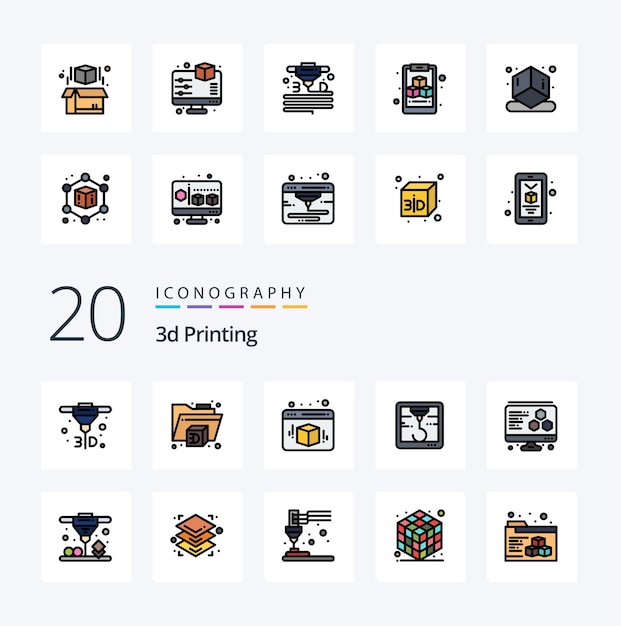 Vector gratuito 20 paquete de iconos de color lleno de línea de impresión 3d como corvejón de impresión directa de cubo de computadora