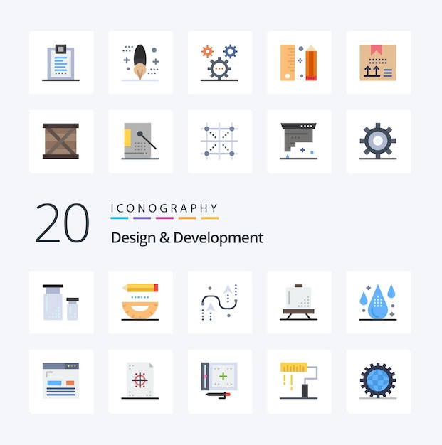 20 Paquete de iconos de color plano de desarrollo de diseño como diseño de programación de desarrollo de placa de diseño