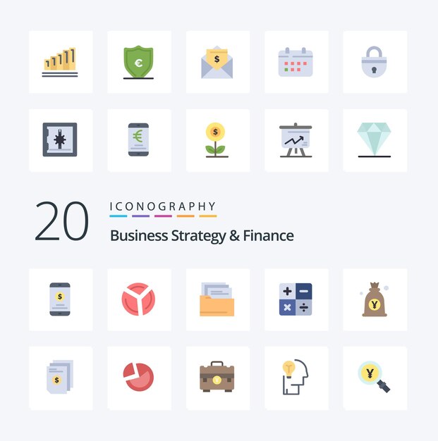20 Paquete de iconos de color plano de estrategia empresarial y finanzas como cálculo matemático de análisis de yen japonés