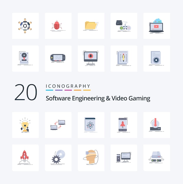 20 Paquete de iconos de color plano de ingeniería de software y videojuegos como desarrollador de ciencias de la red de juegos de inicio