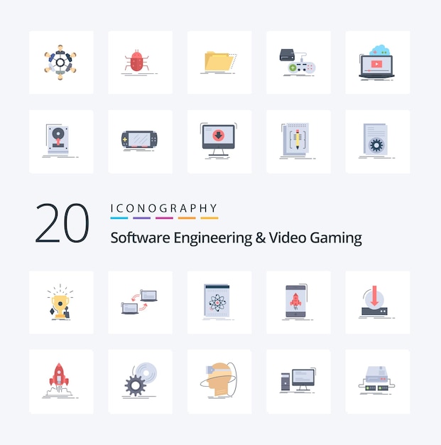 20 paquete de iconos de color plano de ingeniería de software y videojuegos como desarrollador de ciencias de la red de juegos de inicio