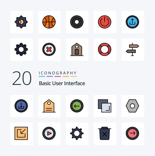 20 Paquete de iconos de color relleno de línea básica como configuración de descarga atrás duplicado básico