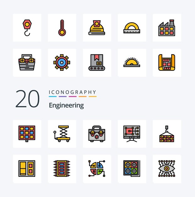 20 Paquete de iconos de color relleno de línea de ingeniería como construcción de edificios reparación de carga