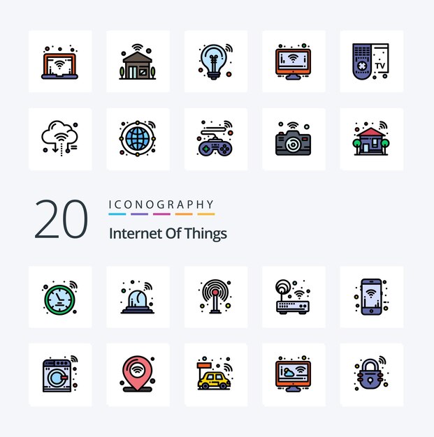 20 Paquete de iconos de color relleno de línea de Internet de las cosas como señales enrutador móvil módem wifi