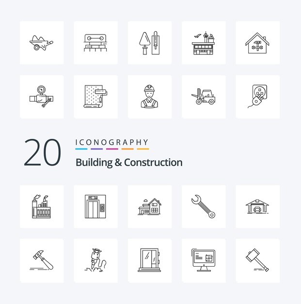20 Paquete de iconos de línea de construcción y construcción como llave de construcción de viviendas de construcción de garaje
