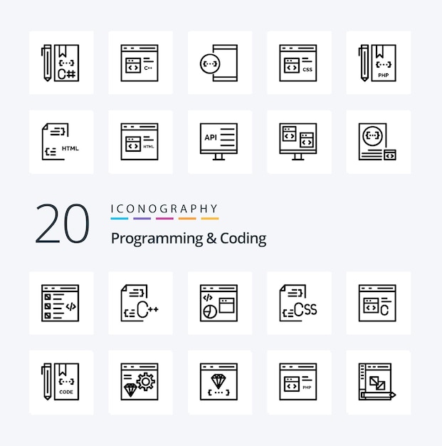 Vector gratuito 20 paquete de iconos de línea de programación y codificación como desarrollo desarrollo de codificación desarrollo de programación