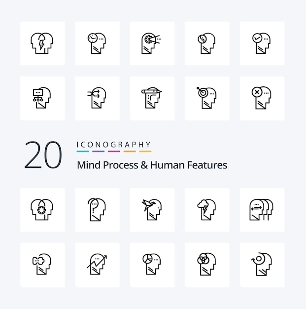 20 Proceso mental y características humanas Icono de línea Paquete como función mente confundir cerebro brian imaginaton