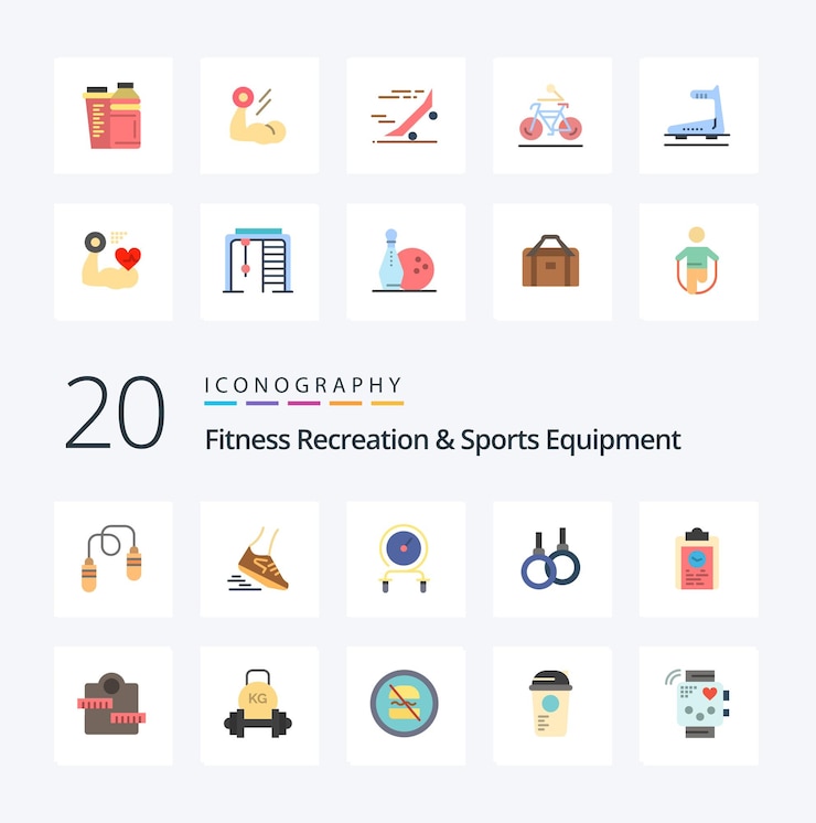 Vector gratuito 20 recreación de fitness y equipo deportivo icono de color plano paquete como anillo de atención médica con intensidad atlética