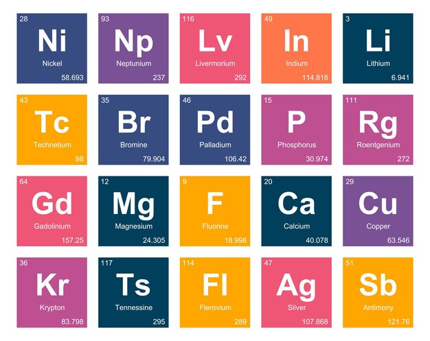 20 Tabla preiodica de los elementos Icon Pack Design Vector illustration