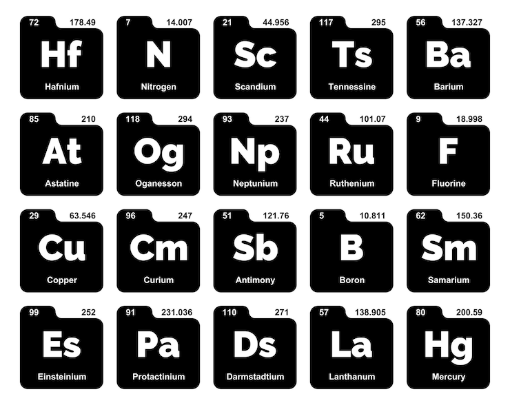 Vector gratuito 20 tabla preiodica de los elementos icon pack design vector illustration