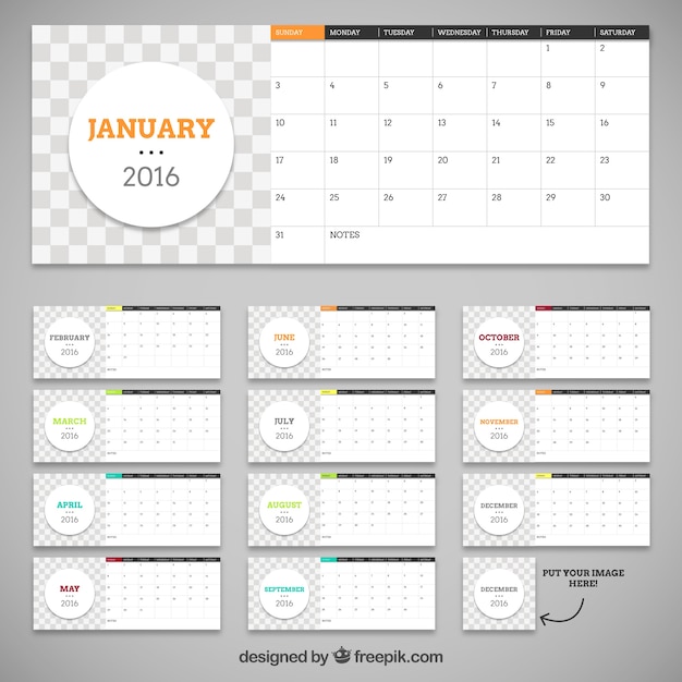 Vector gratuito 2016 plantilla de calendario con los círculos