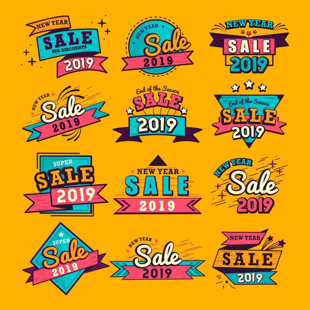 2019 año nuevo venta insignia vector set