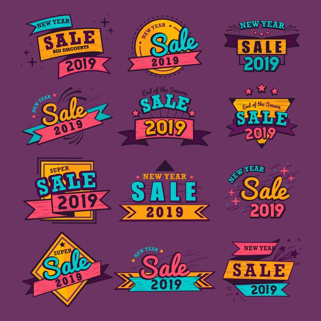 2019 año nuevo venta insignia vector set