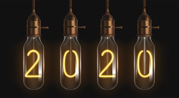 2020 números brillantes dentro de las bombillas de filamento
