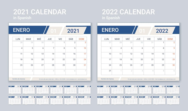 2021 2022 calendario español. plantilla de planificador. la semana comienza el lunes. diseño de calendario con 12 meses.