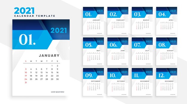 2021 diseño de calendario de negocios azul moderno de estilo geométrico