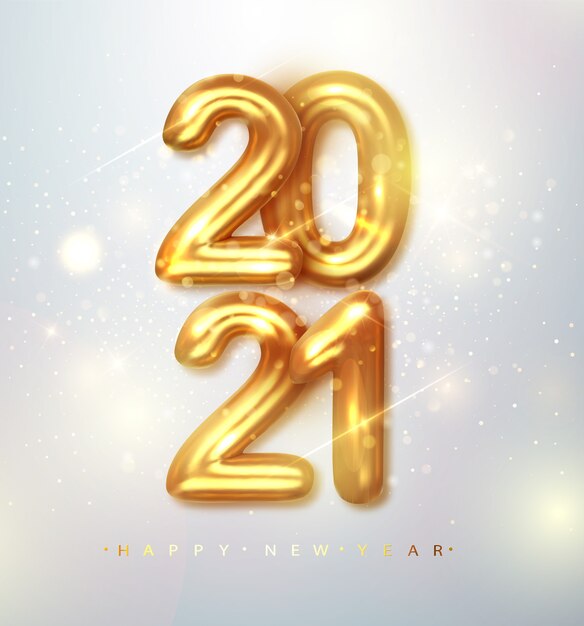 2021 Feliz año nuevo. Banner de feliz año nuevo con números metálicos dorados fecha 2021