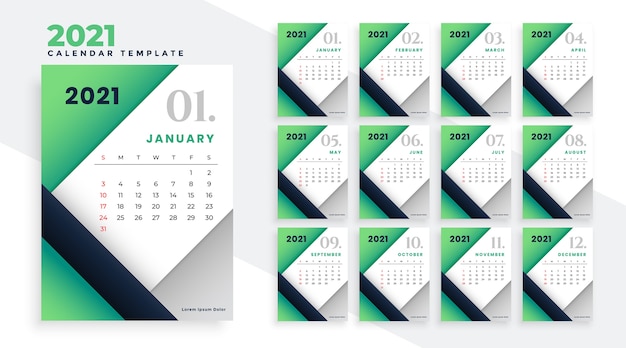 2021 feliz año nuevo elegante diseño de calendario verde
