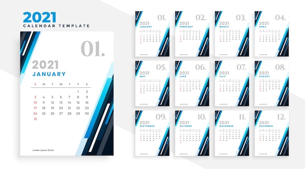 Vector gratuito 2021 plantilla de diseño de calendario profesional de negocios azul