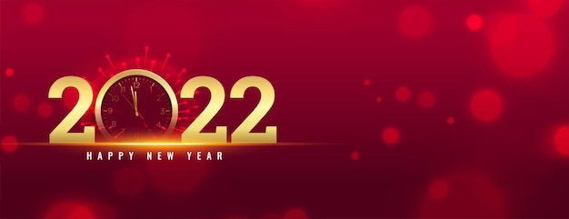 2022 dorado año nuevo reloj celebración bokeh diseño de banner rojo