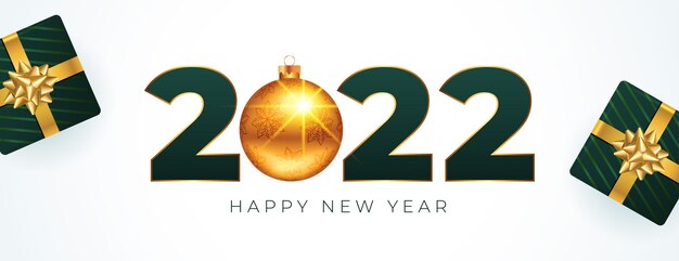 2022 feliz año nuevo dorado bola de navidad y caja de regalo banner realista