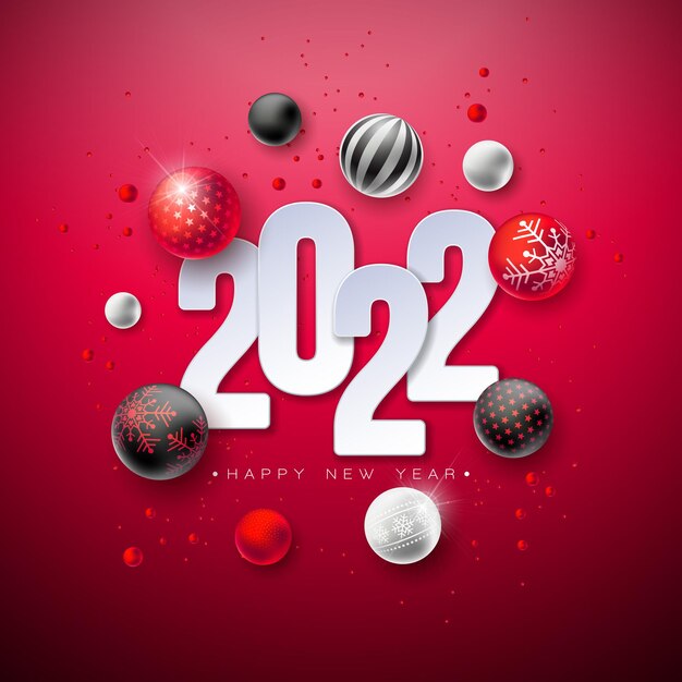 2022 Feliz año nuevo ilustración con número y bola de cristal de adorno navideño sobre fondo rojo.