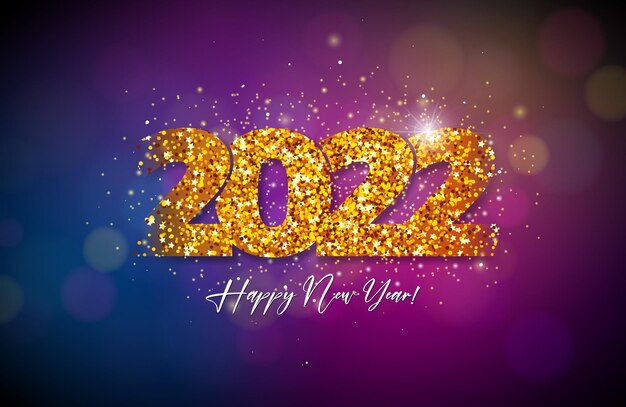 2022 Feliz año nuevo ilustración con número de oro brillante y sobre fondo oscuro. Diseño de celebración de vacaciones de vector para folleto, tarjeta de felicitación, pancarta, cartel, invitación a fiesta o calendario.