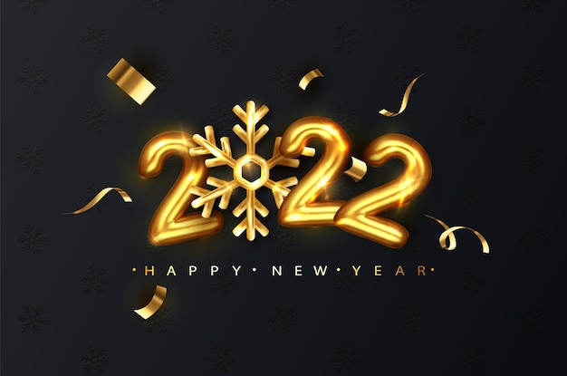 2022 números de oro con copo de nieve sobre fondo negro brillo festivo de navidad. fondo de saludo de año nuevo para la fecha 2022.