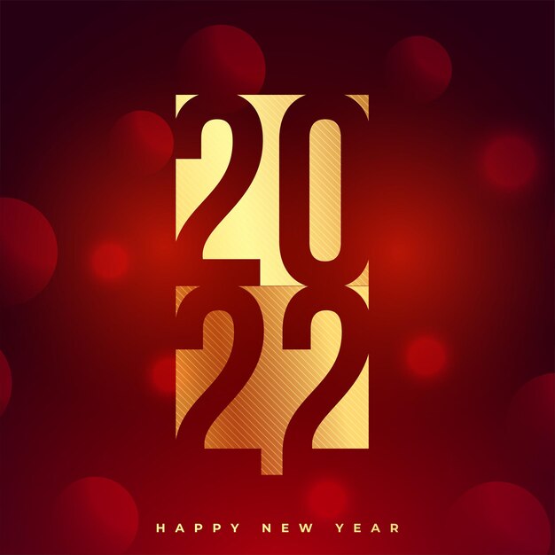 2022 tarjeta de feliz año nuevo dorado sobre fondo rojo bokeh