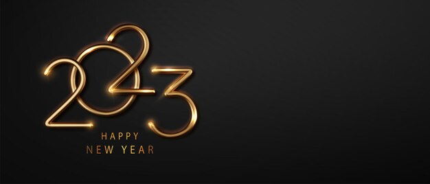 2023 Año Nuevo dorado sobre fondo negro abstracto Diseño de saludo con número realista de metal dorado del año